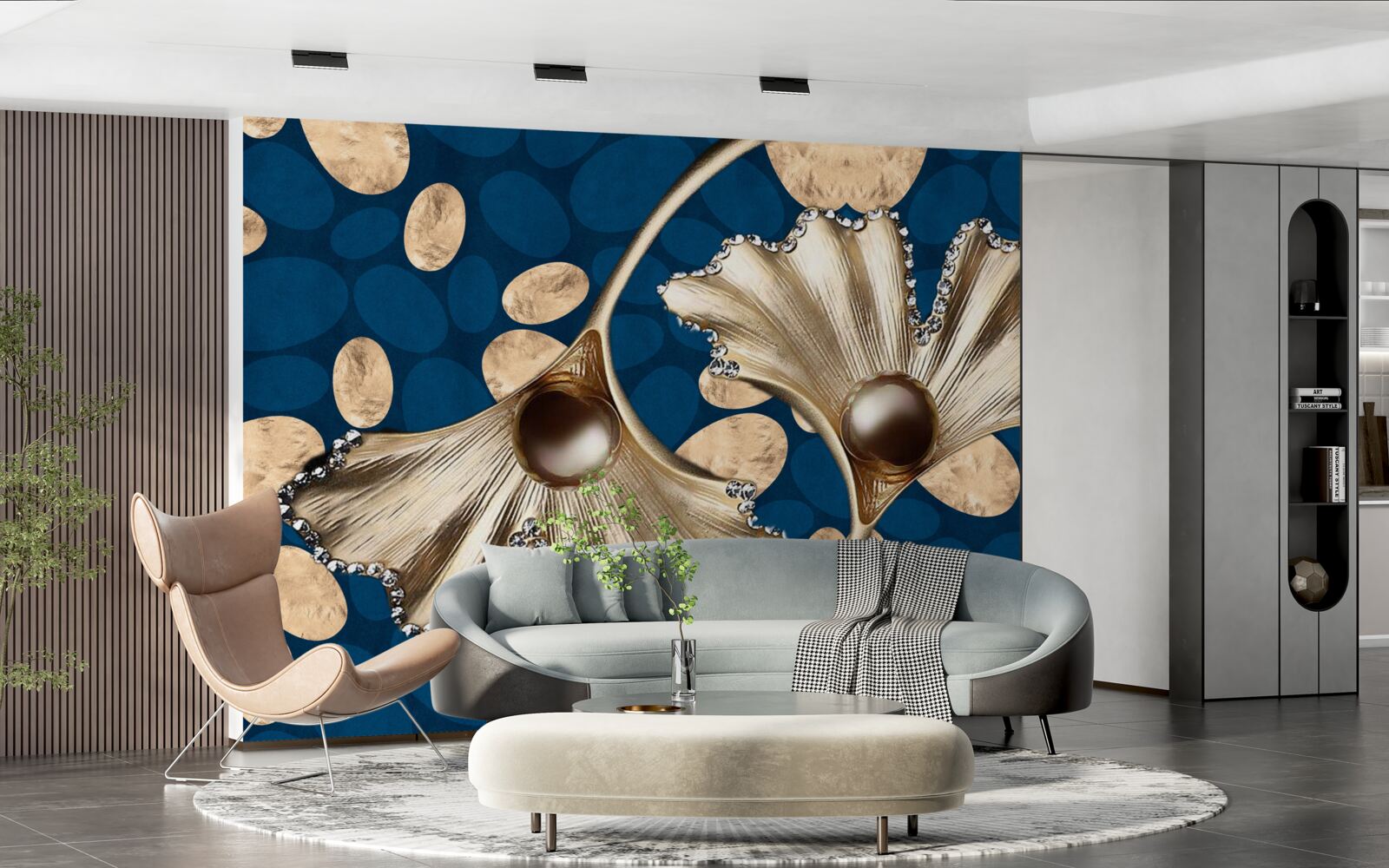 Fototapeten Der blaue Hintergrund ist mit goldenen Blumen dekoriert