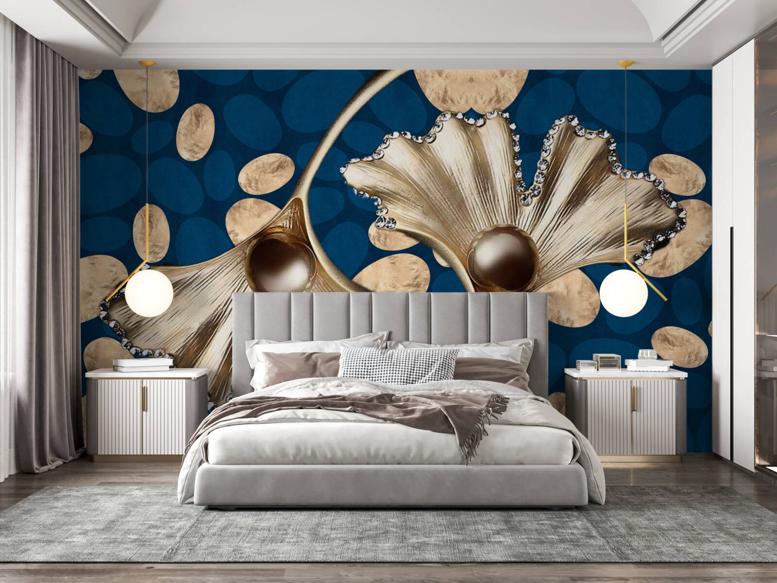 Fototapeten Der blaue Hintergrund ist mit goldenen Blumen dekoriert
