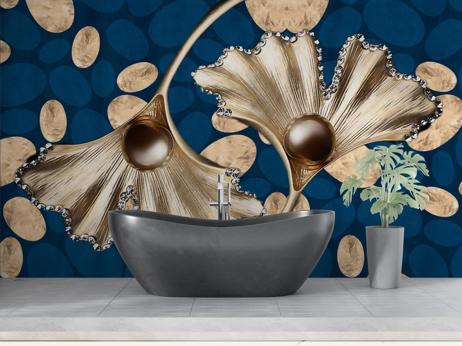 Fototapeten Der blaue Hintergrund ist mit goldenen Blumen dekoriert