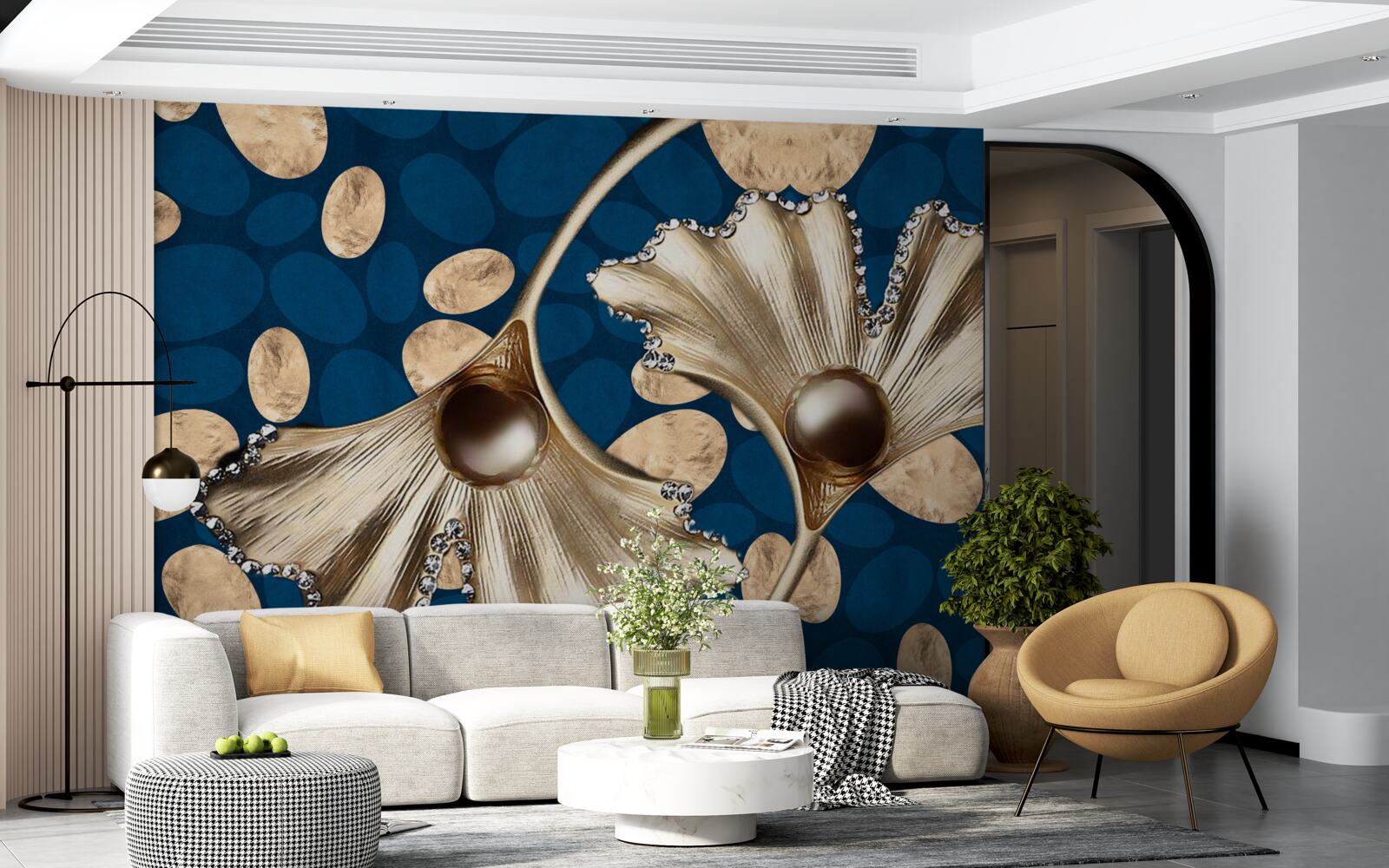Fototapeten Der blaue Hintergrund ist mit goldenen Blumen dekoriert