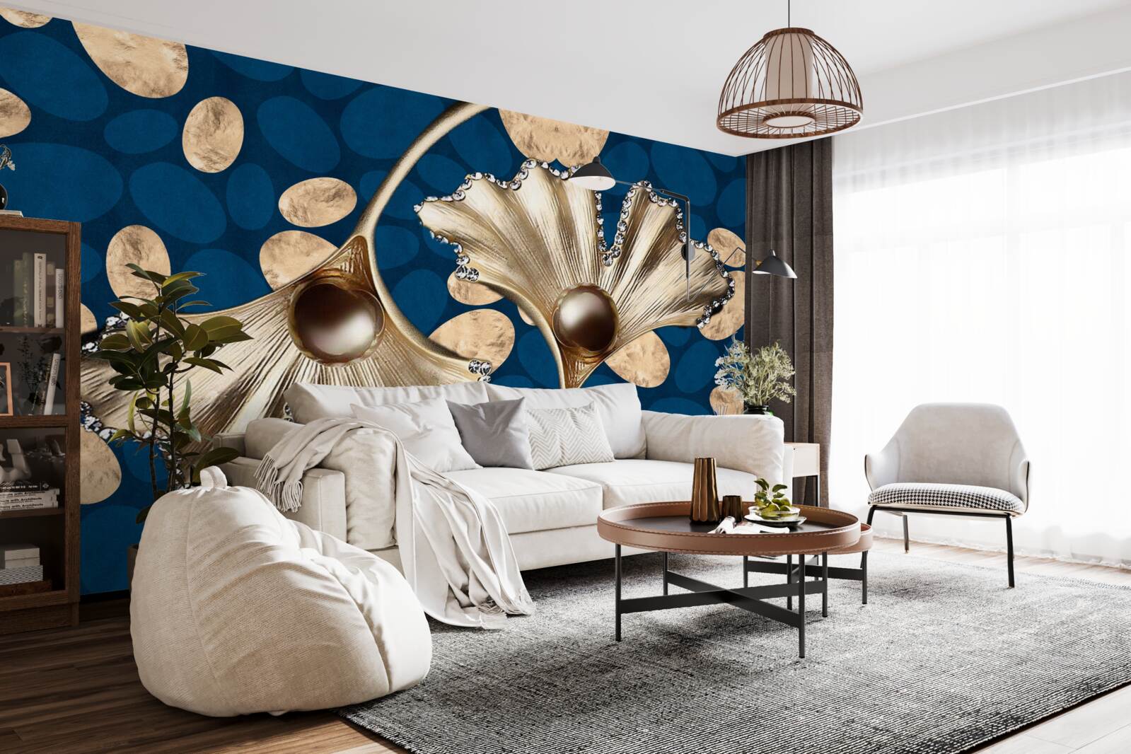 Fototapeten Der blaue Hintergrund ist mit goldenen Blumen dekoriert