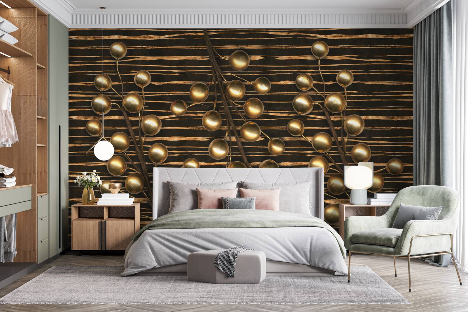 Fototapeten Goldene Perlen auf braunem Hintergrund