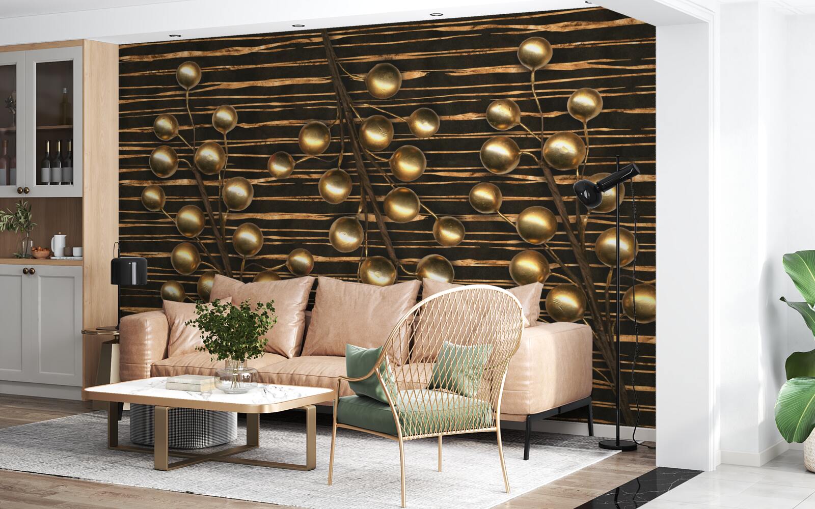 Fototapeten Goldene Perlen auf braunem Hintergrund
