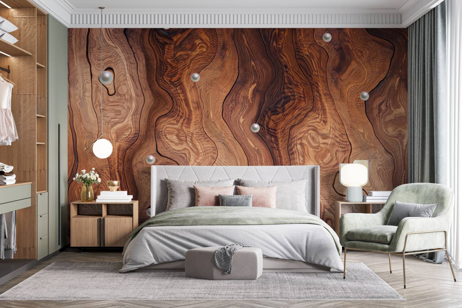 Fototapeten Strukturiertes Holz und Perlen