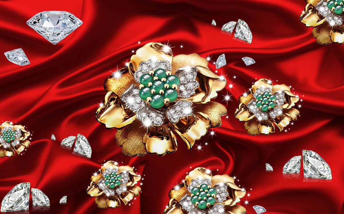 Fototapeten Blumen aus Gold und mit Diamanten dekoriert werden auf rote Seide gelegt