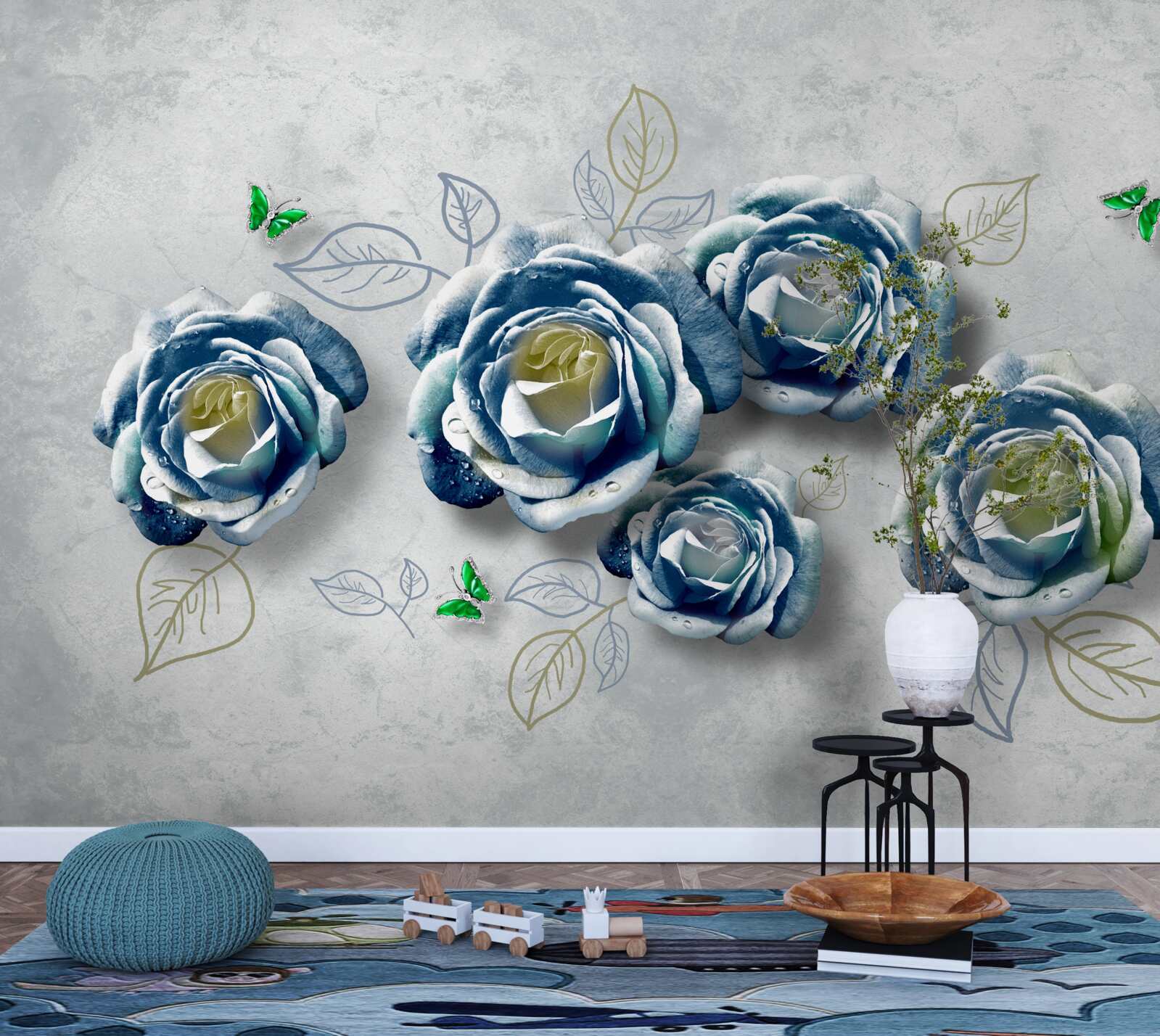 Fototapeten Rosen mit ungewöhnlicher blau -weißer Farbe