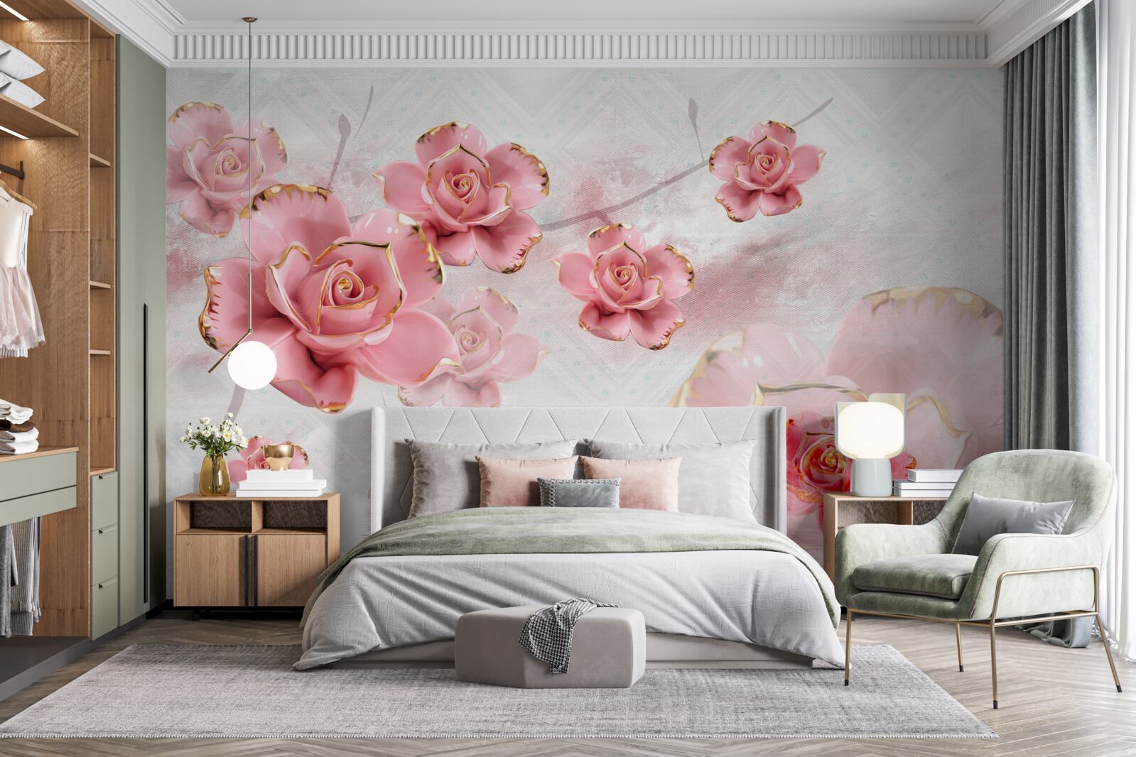Fototapeten Rosen mit rosa goldenen Kanten