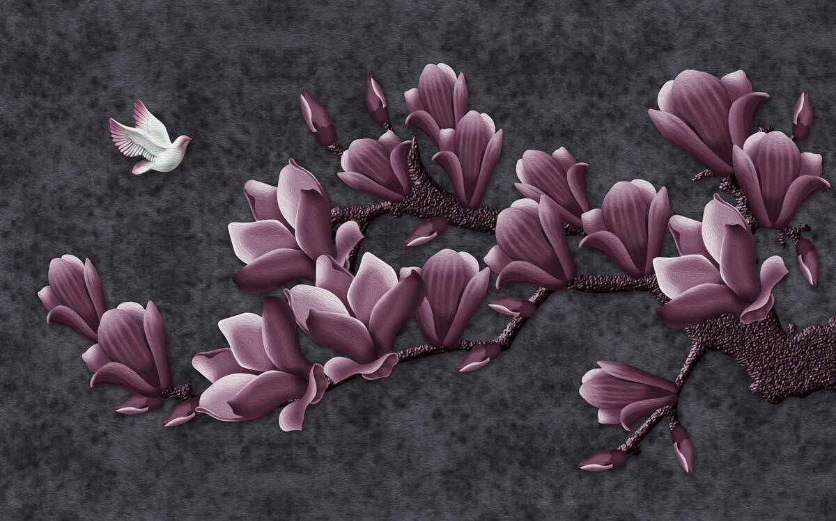 Fototapeten Flila -Vogel- und Magnolienschatten