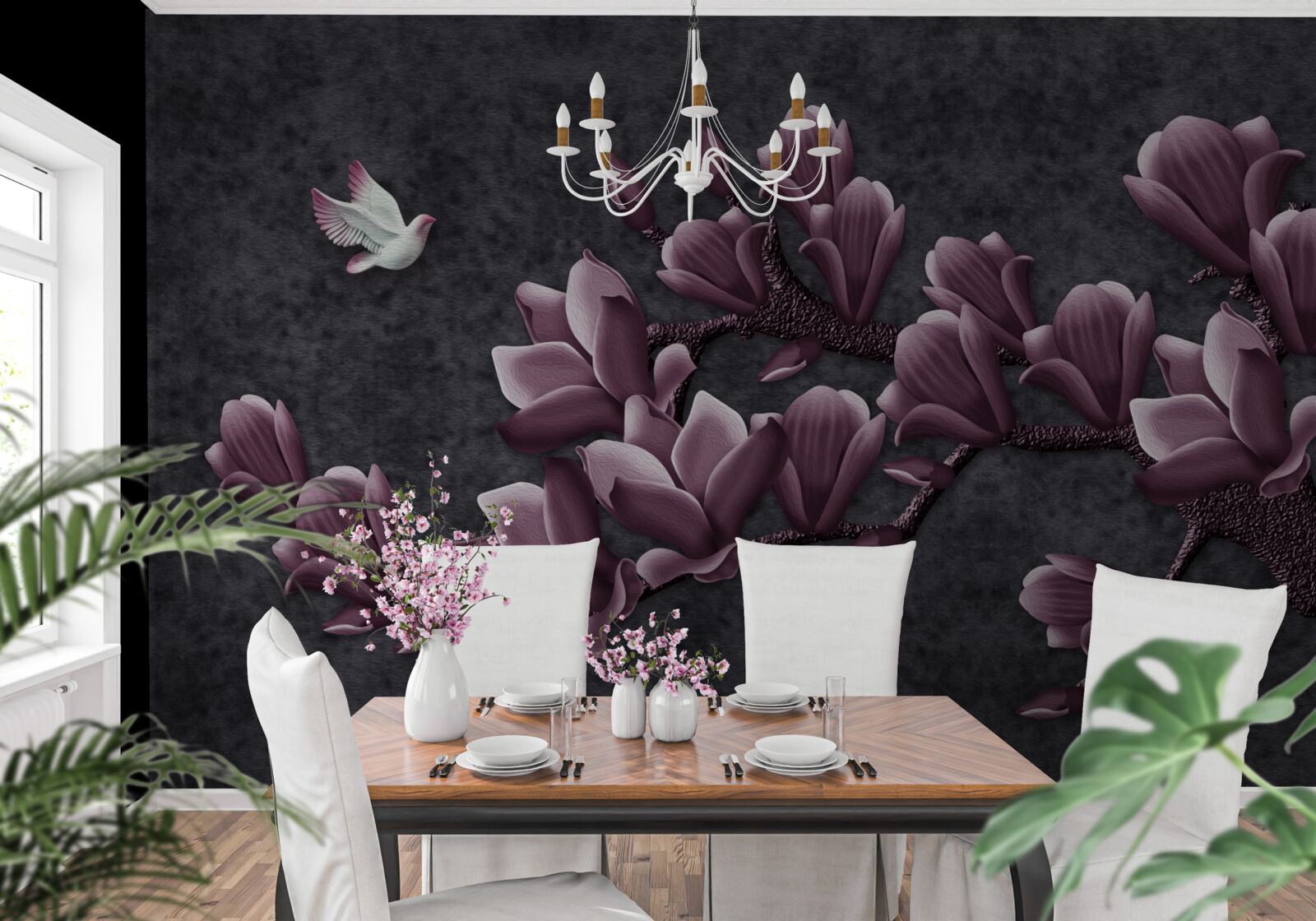 Fototapeten Flila -Vogel- und Magnolienschatten