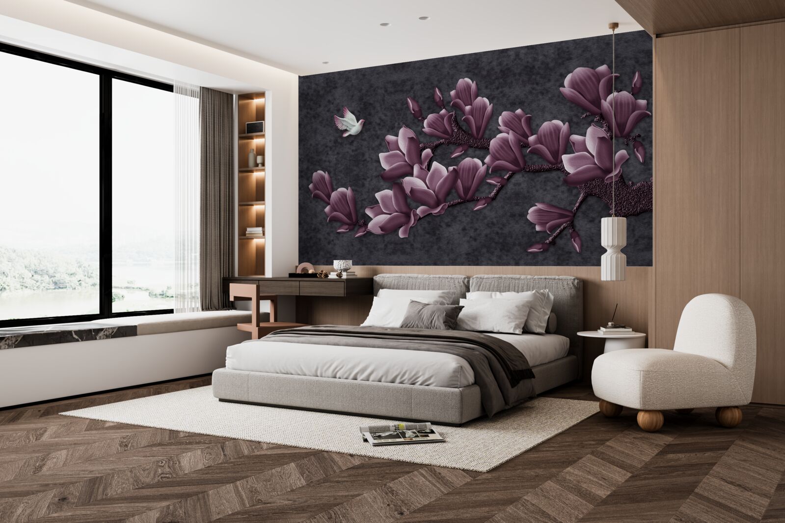 Fototapeten Flila -Vogel- und Magnolienschatten