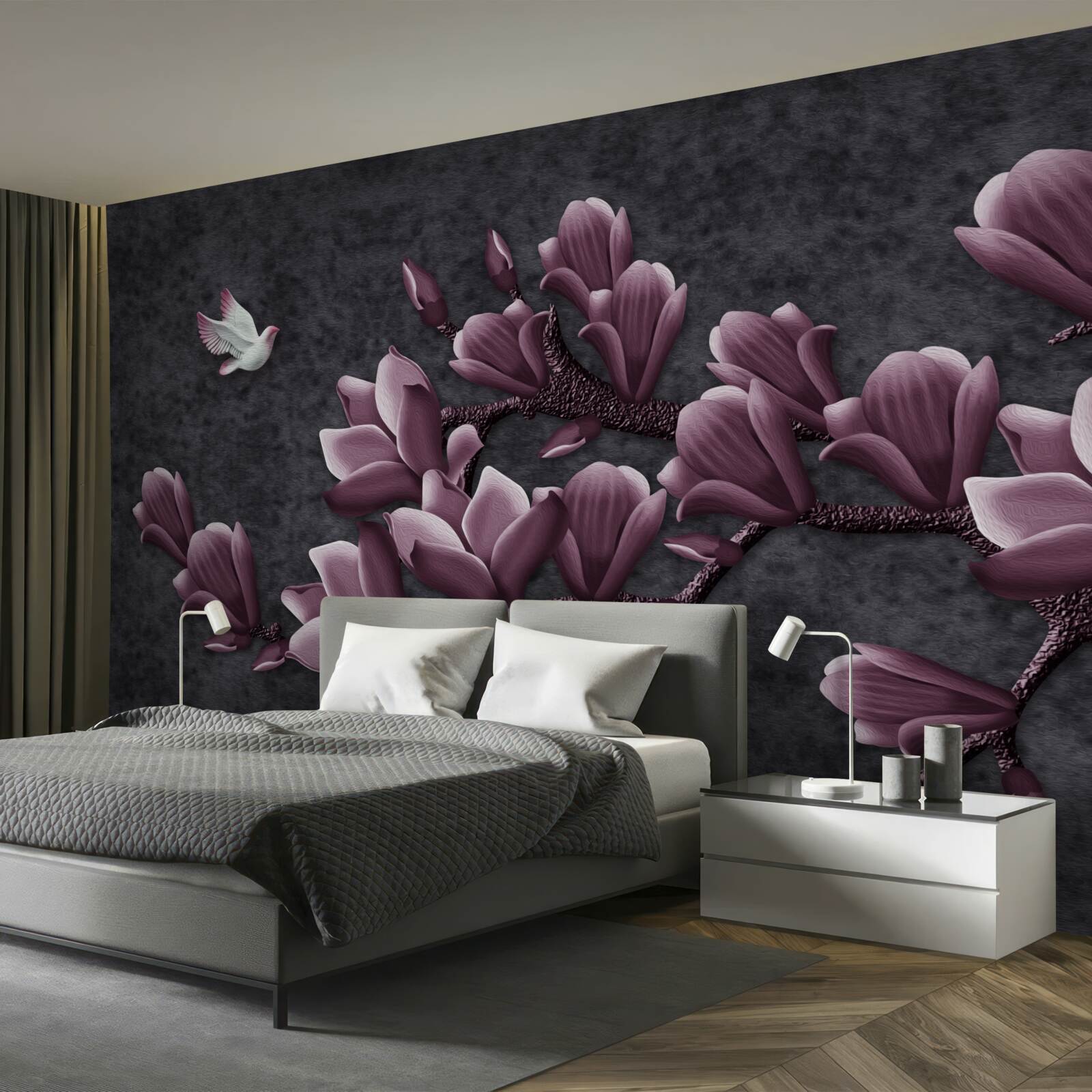 Fototapeten Flila -Vogel- und Magnolienschatten