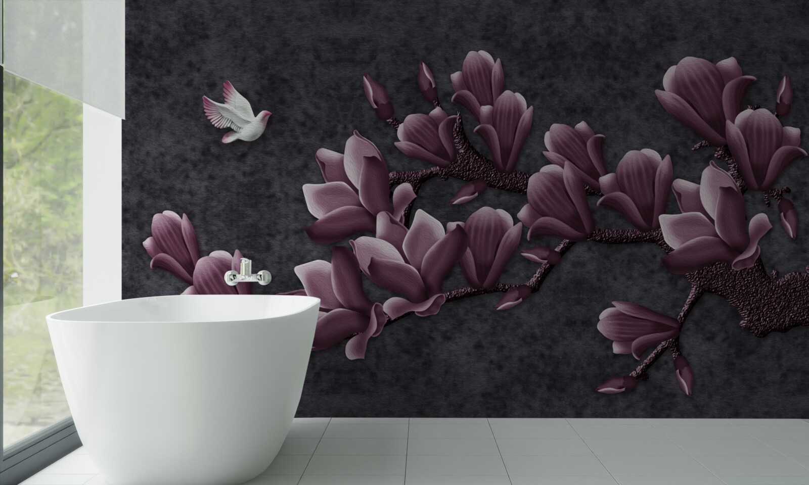 Fototapeten Flila -Vogel- und Magnolienschatten