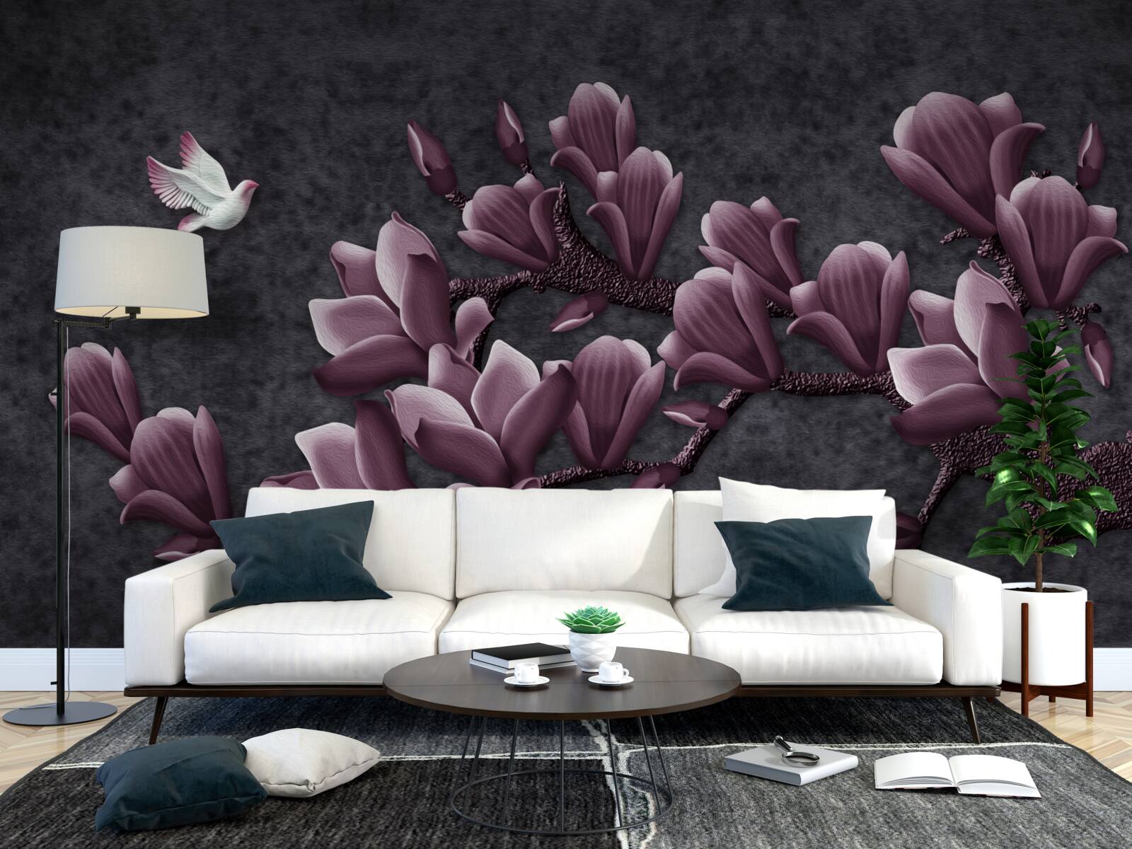 Fototapeten Flila -Vogel- und Magnolienschatten