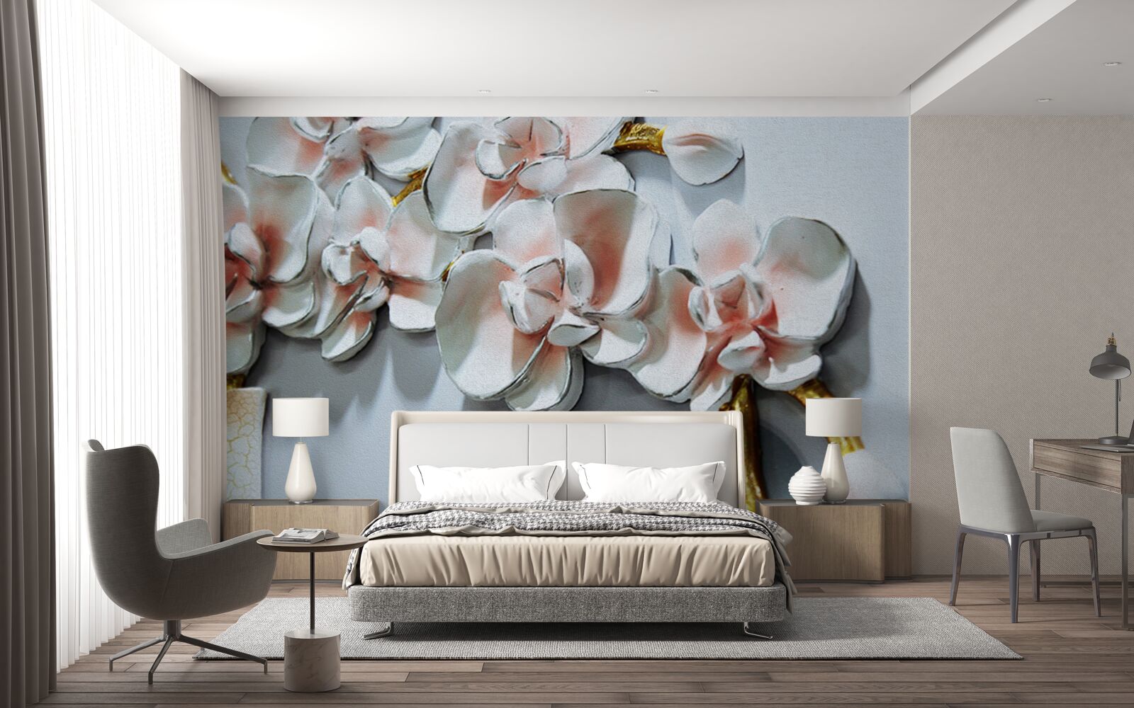 Fototapeten Konturzweige von Schnee -White -Orchideen