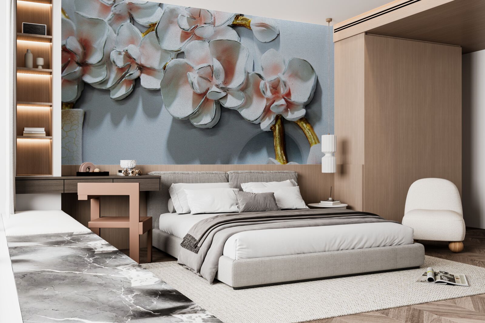 Fototapeten Konturzweige von Schnee -White -Orchideen