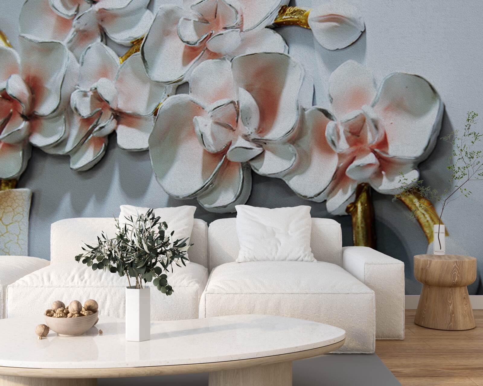 Fototapeten Konturzweige von Schnee -White -Orchideen