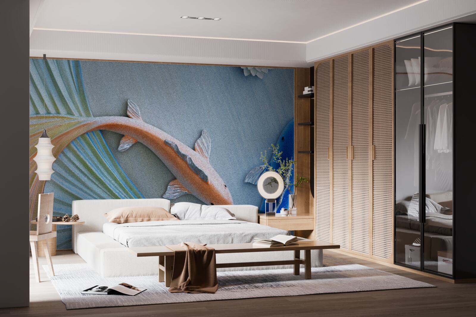 Fototapeten Gold und blauer Fische schwimmen im Wasser