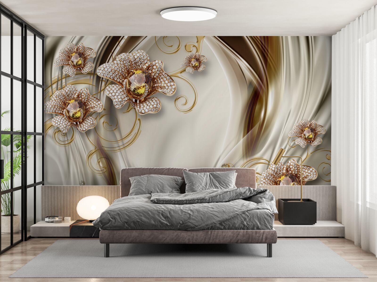 Fototapeten Weiße Blumen, goldene Zweige