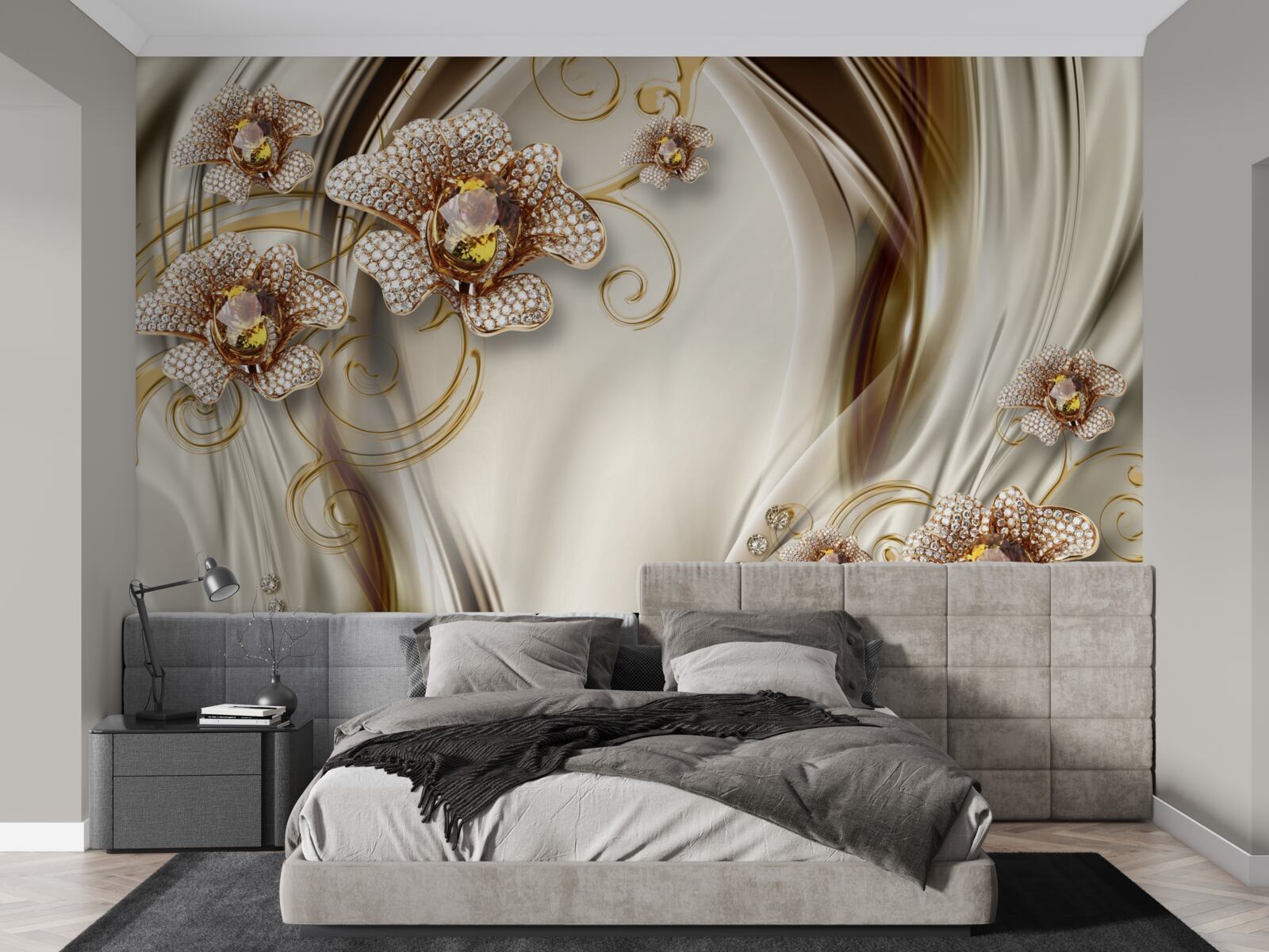 Fototapeten Weiße Blumen, goldene Zweige