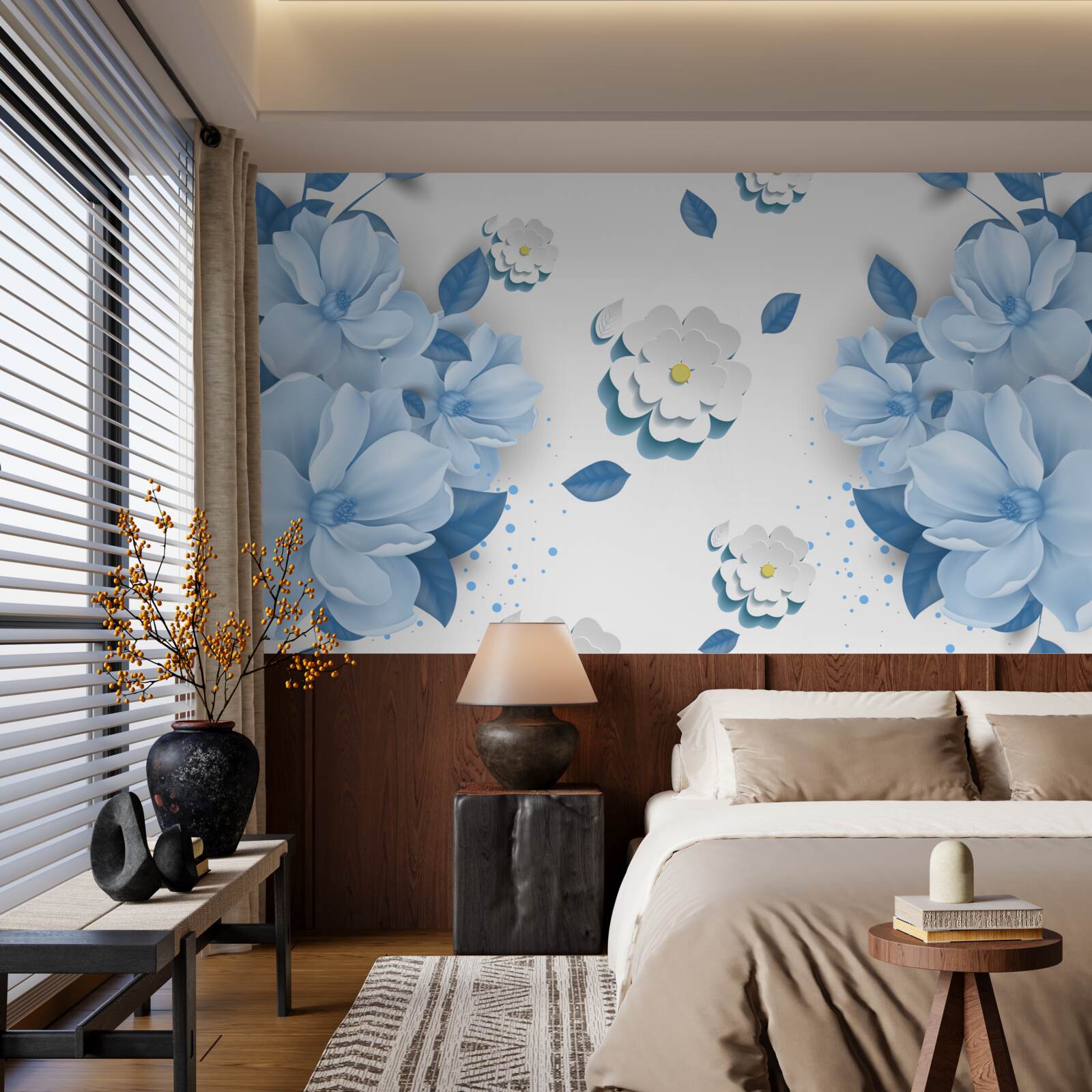 Fototapeten Blumen mit einem zarten blauen Farbton auf einem schneeweißen Hintergrund