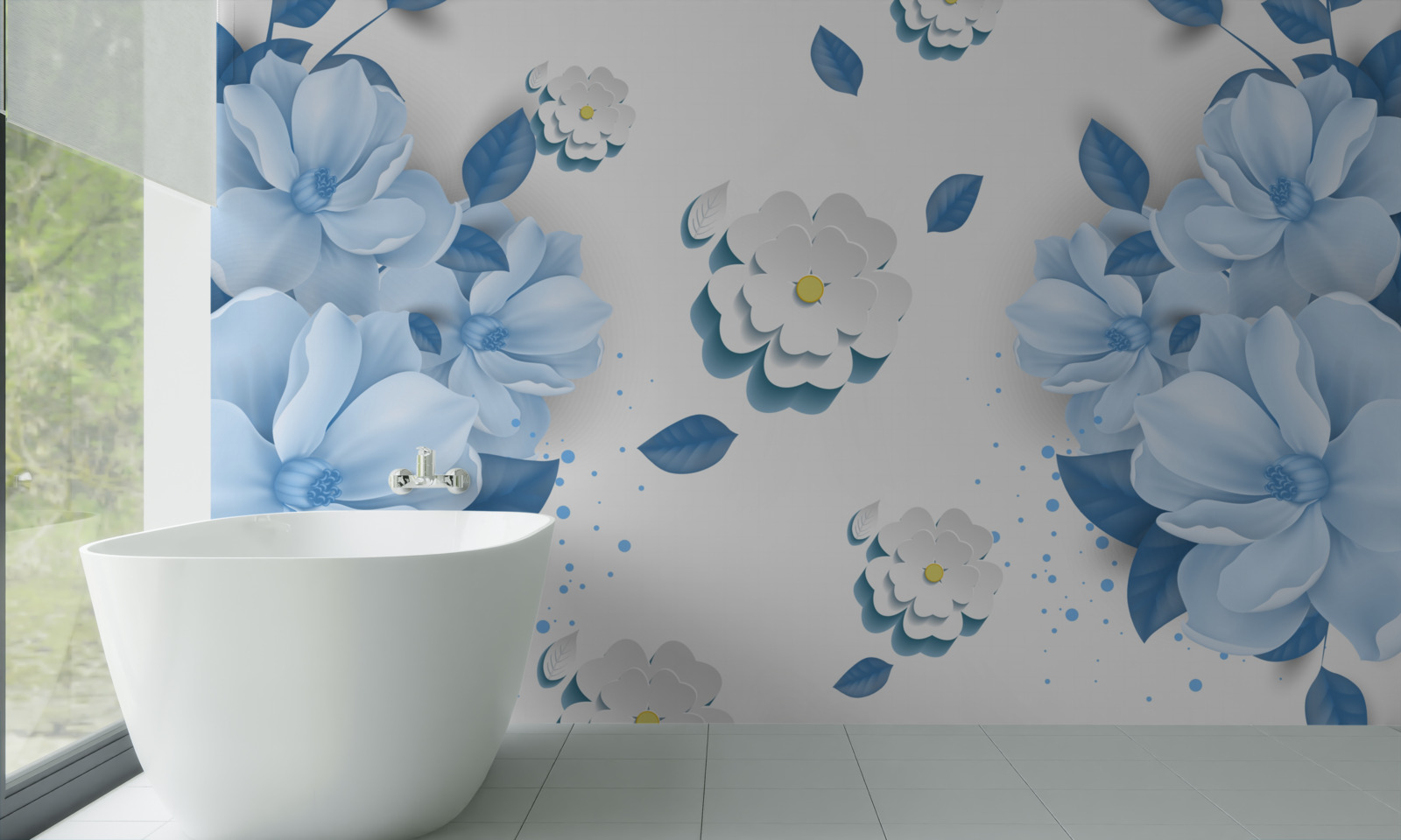 Fototapeten Blumen mit einem zarten blauen Farbton auf einem schneeweißen Hintergrund