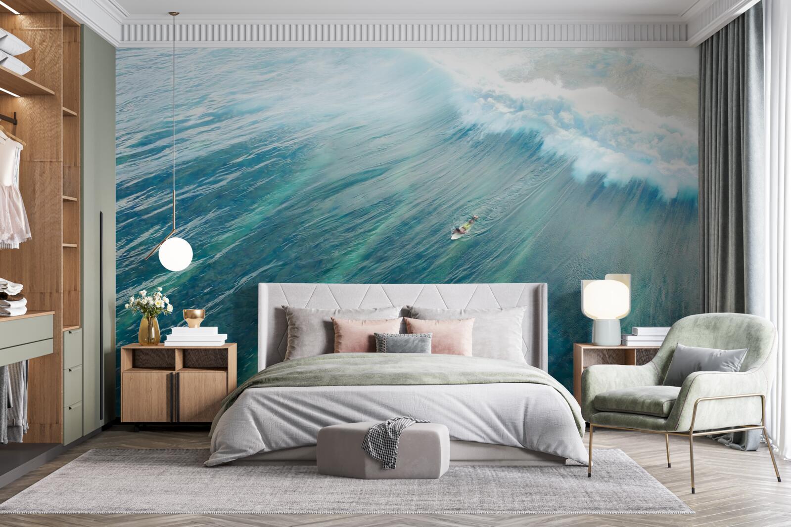 Fototapeten Überwindung der Ozeanwellen durch Surfen