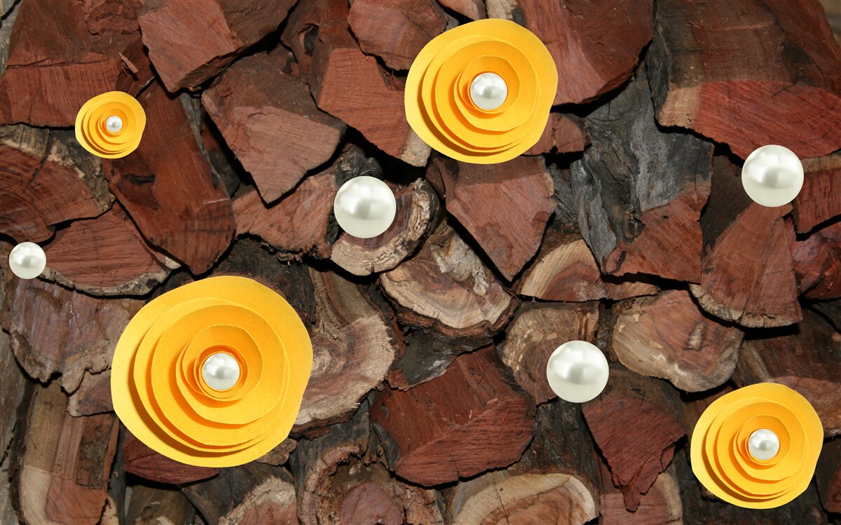 Fototapeten Blumen mit gelber Schatten, Perlen und Holzstücken