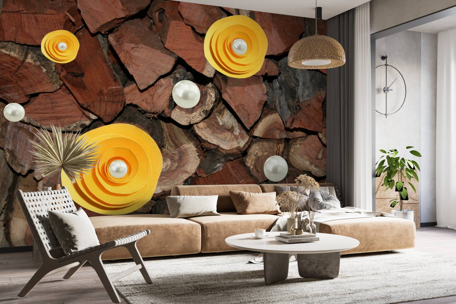 Fototapeten Blumen mit gelber Schatten, Perlen und Holzstücken