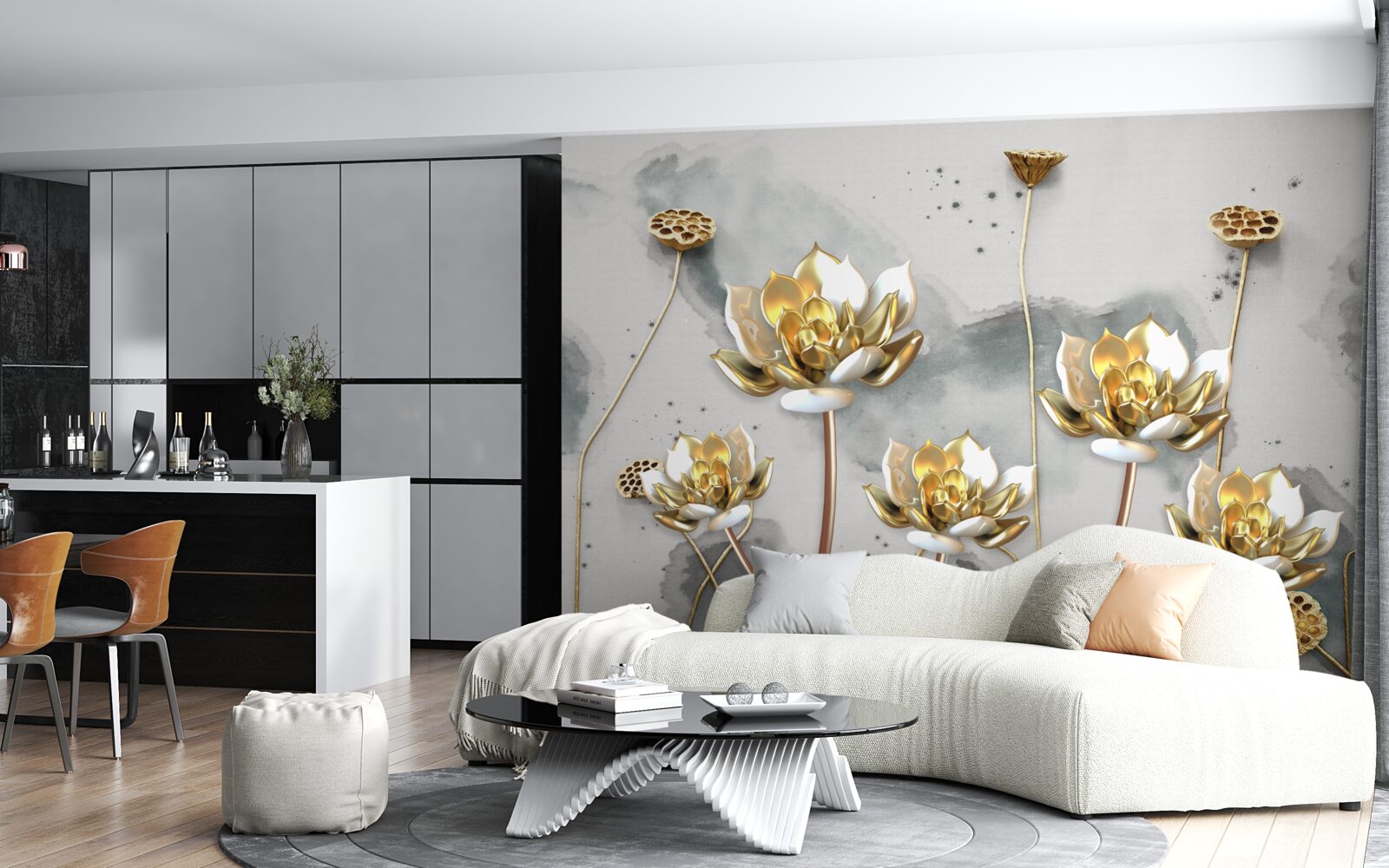 Fototapeten Goldene Blumen auf anmutigen Stielen