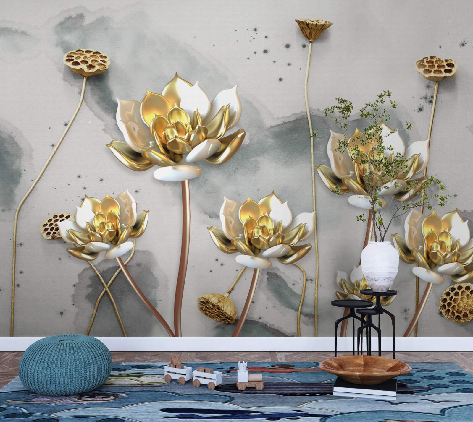 Fototapeten Goldene Blumen auf anmutigen Stielen