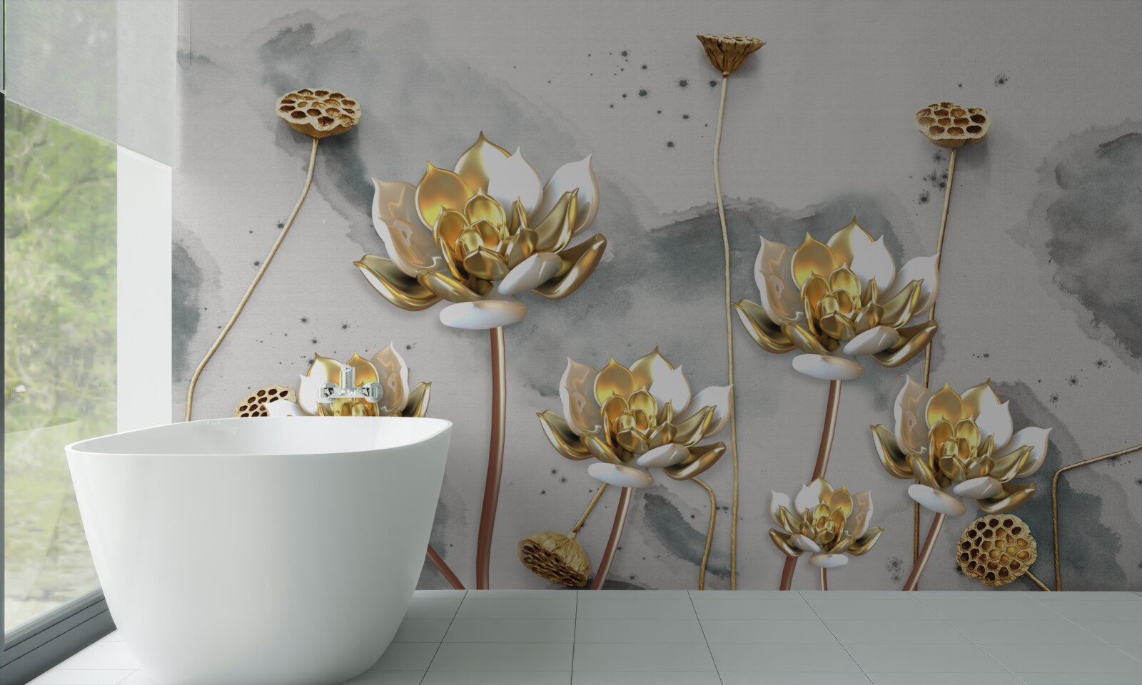 Fototapeten Goldene Blumen auf anmutigen Stielen