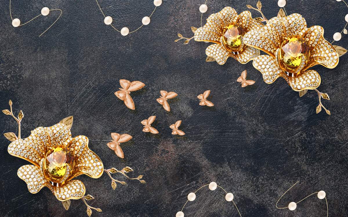Fototapeten Am Abend dekorieren Schmetterlinge goldene Blumen