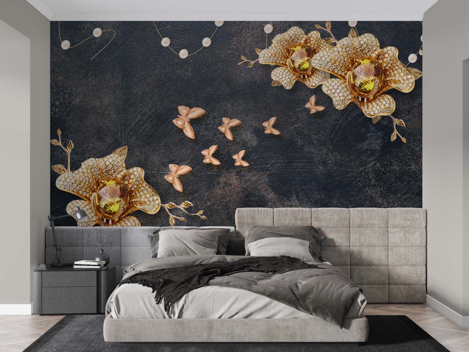 Fototapeten Am Abend dekorieren Schmetterlinge goldene Blumen