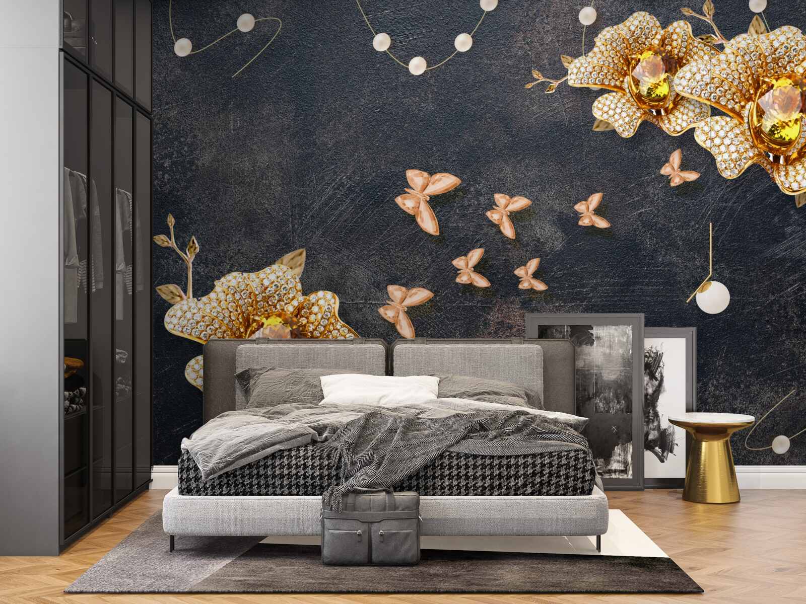 Fototapeten Am Abend dekorieren Schmetterlinge goldene Blumen