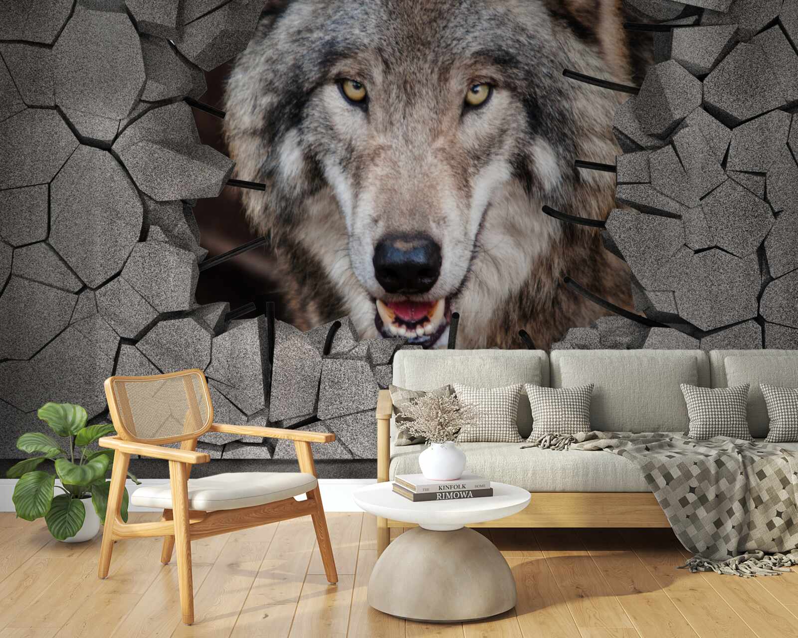 Fototapeten Der Wolf aus dem Wald zerstört die Mauer
