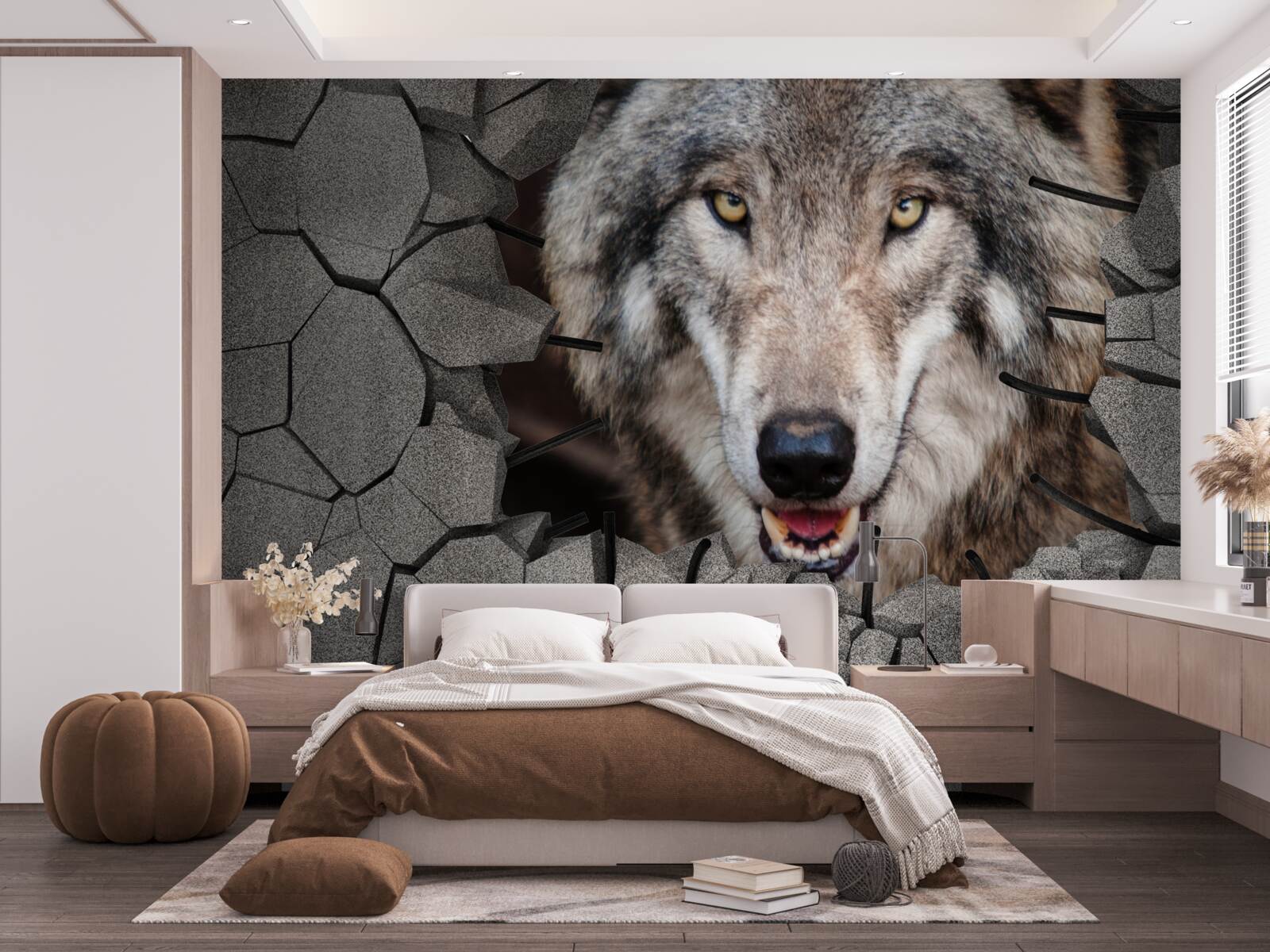 Fototapeten Der Wolf aus dem Wald zerstört die Mauer