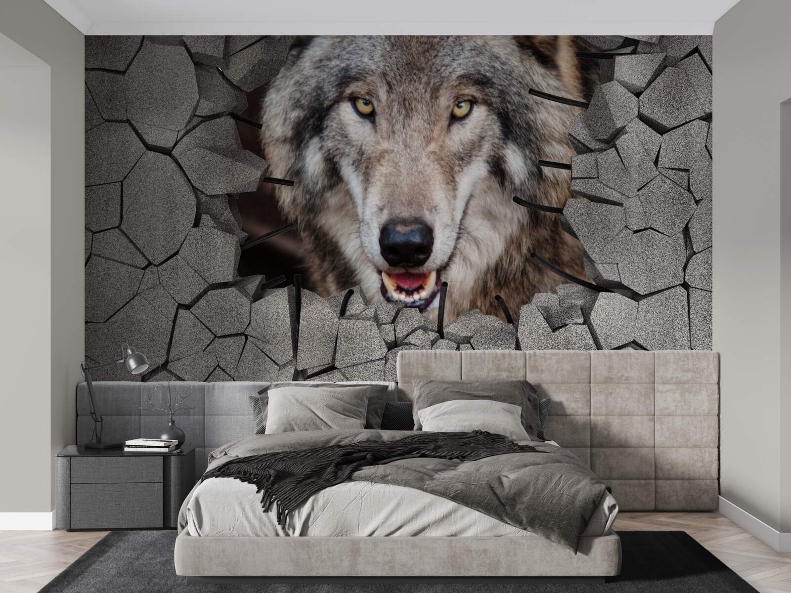 Fototapeten Der Wolf aus dem Wald zerstört die Mauer