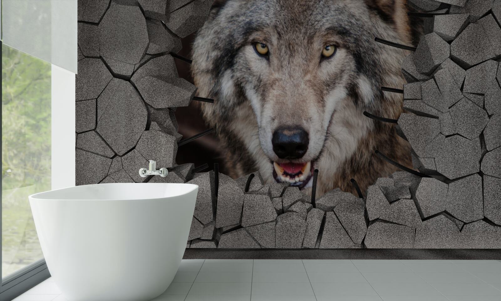 Fototapeten Der Wolf aus dem Wald zerstört die Mauer