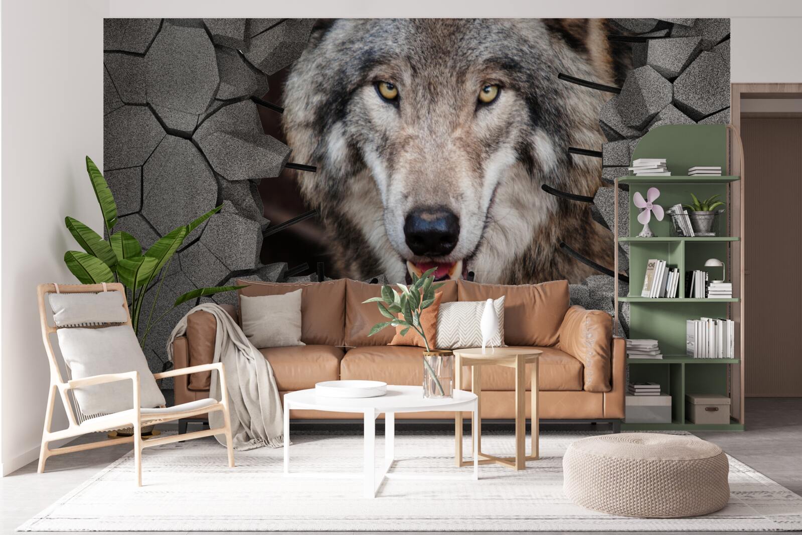 Fototapeten Der Wolf aus dem Wald zerstört die Mauer