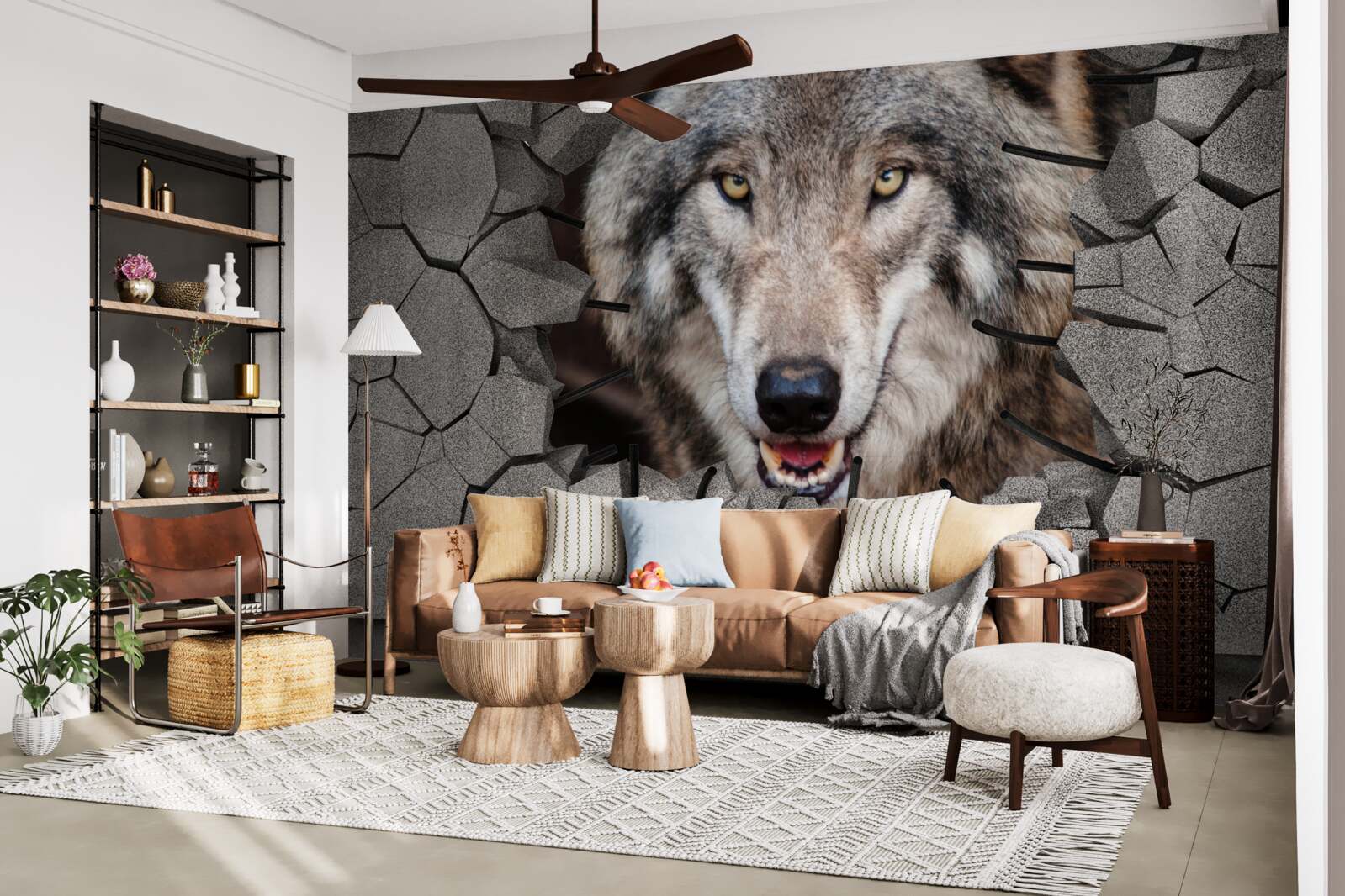 Fototapeten Der Wolf aus dem Wald zerstört die Mauer