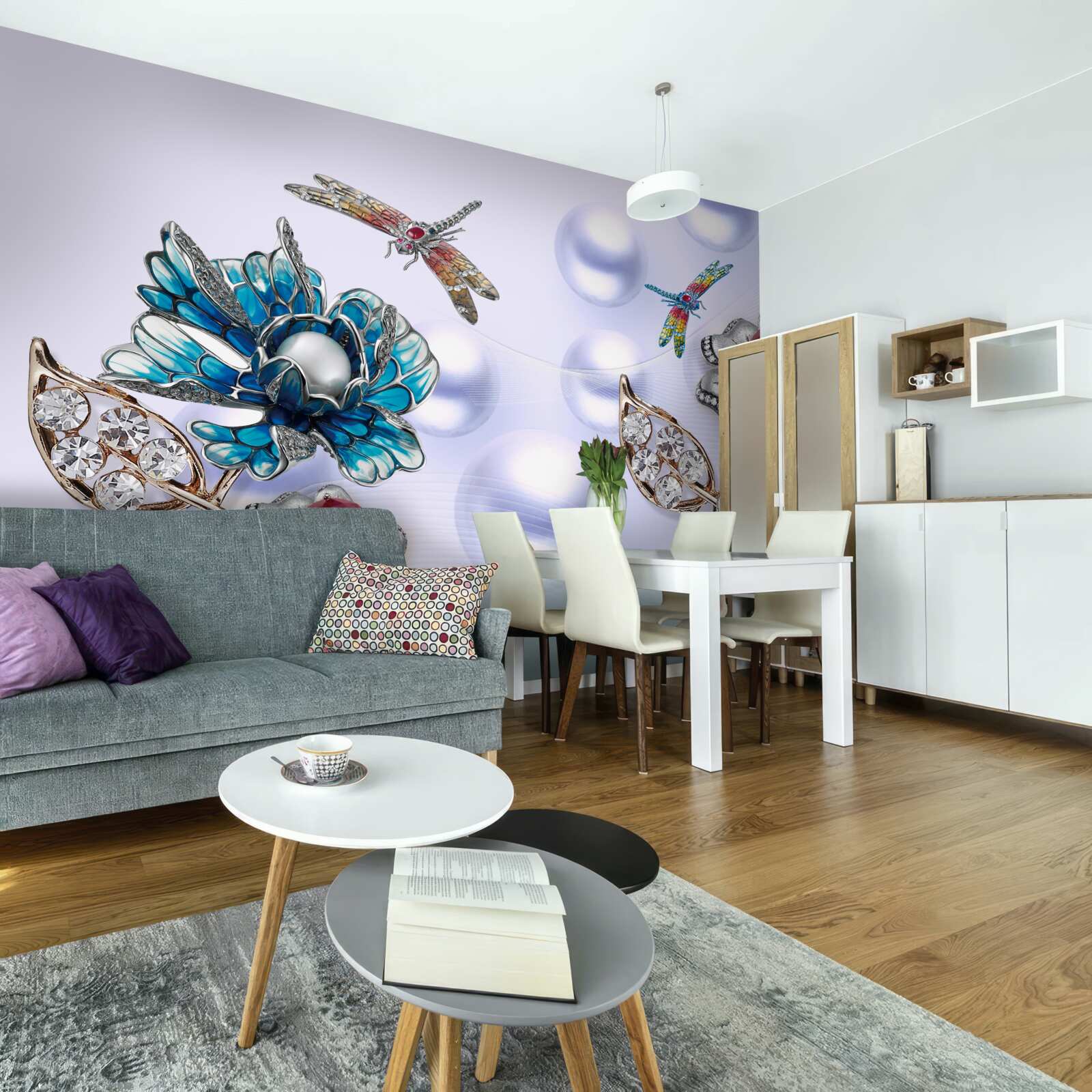 Fototapeten Schmucksteine ​​mit Pflanzenmotiven und Bildern von Libellenfliegen