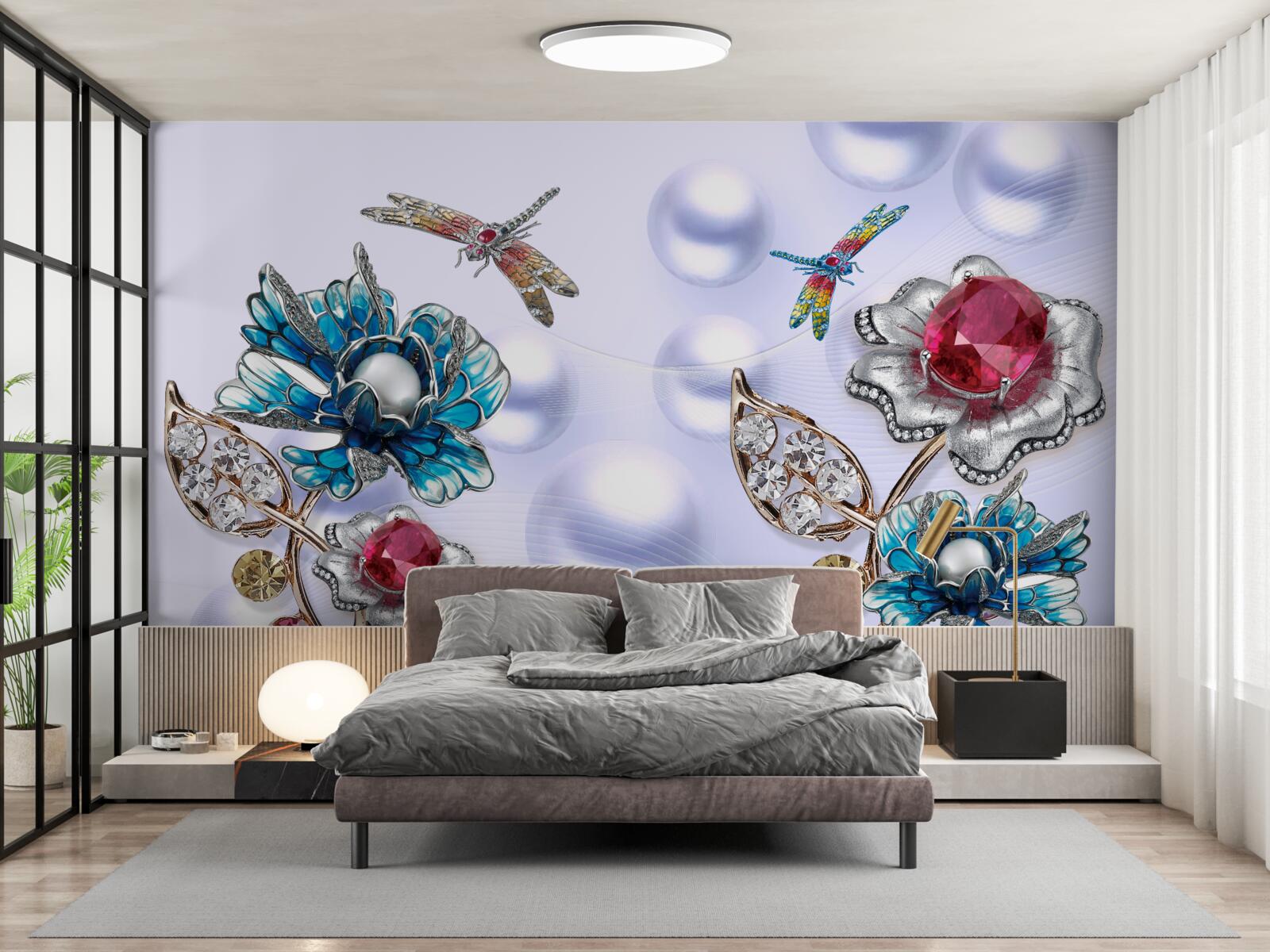 Fototapeten Schmucksteine ​​mit Pflanzenmotiven und Bildern von Libellenfliegen