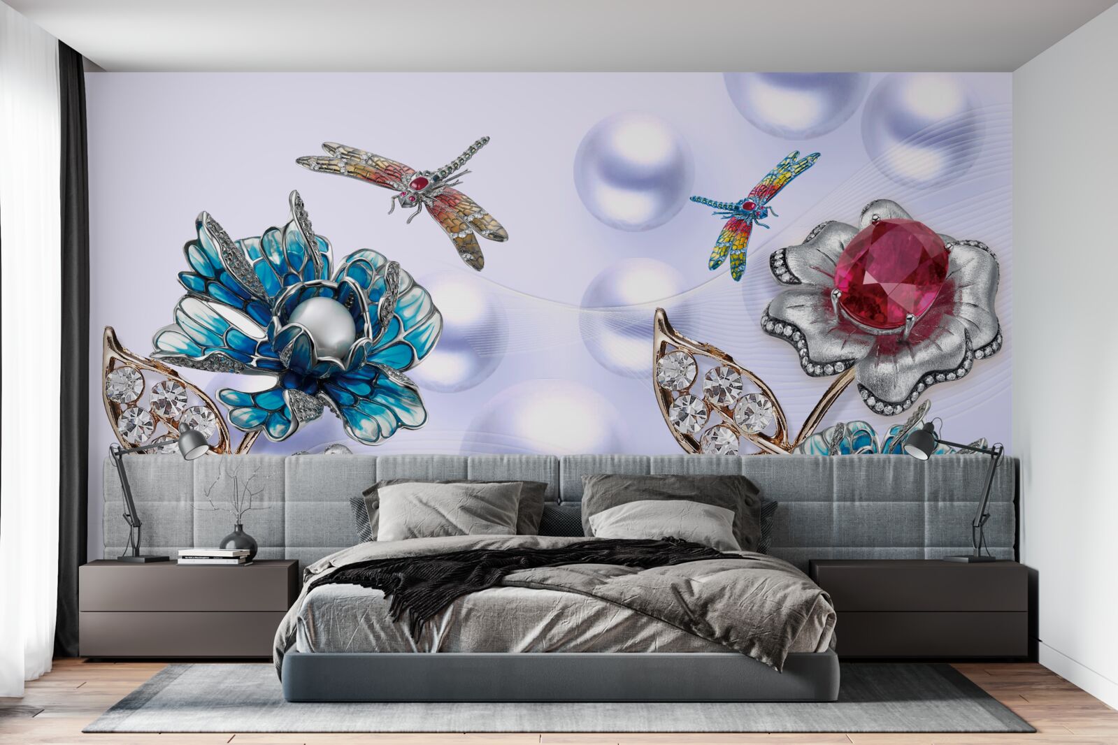 Fototapeten Schmucksteine ​​mit Pflanzenmotiven und Bildern von Libellenfliegen