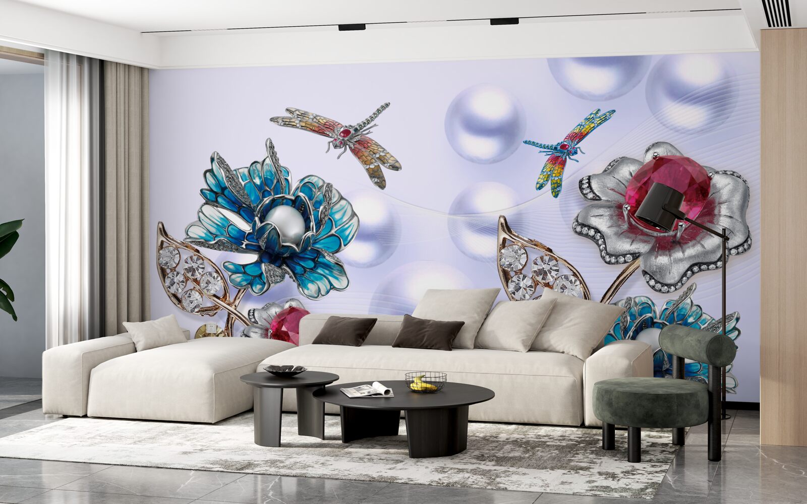 Fototapeten Schmucksteine ​​mit Pflanzenmotiven und Bildern von Libellenfliegen