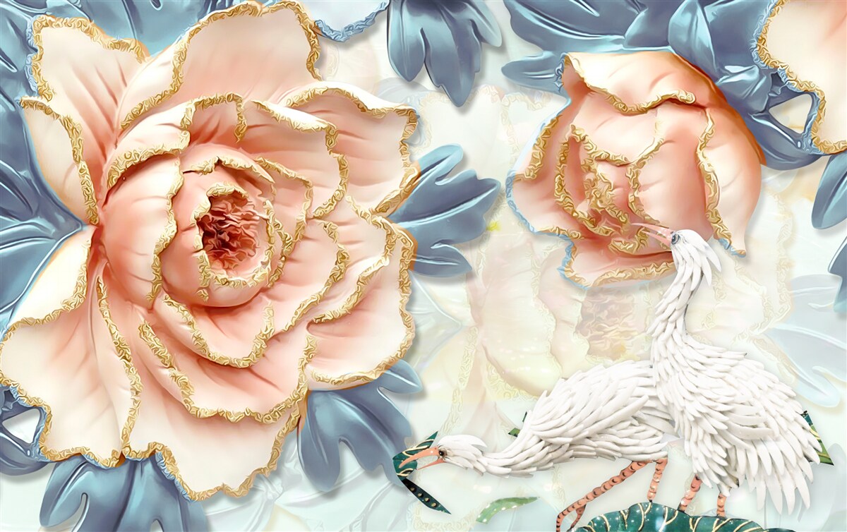Fototapeten Pfirsichrosen und weiße Schwäne