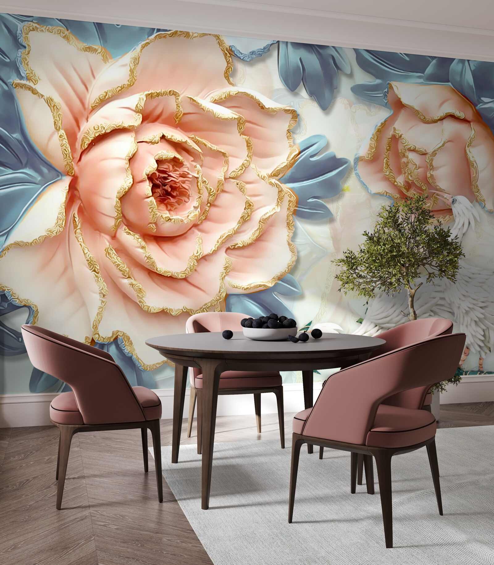 Fototapeten Pfirsichrosen und weiße Schwäne