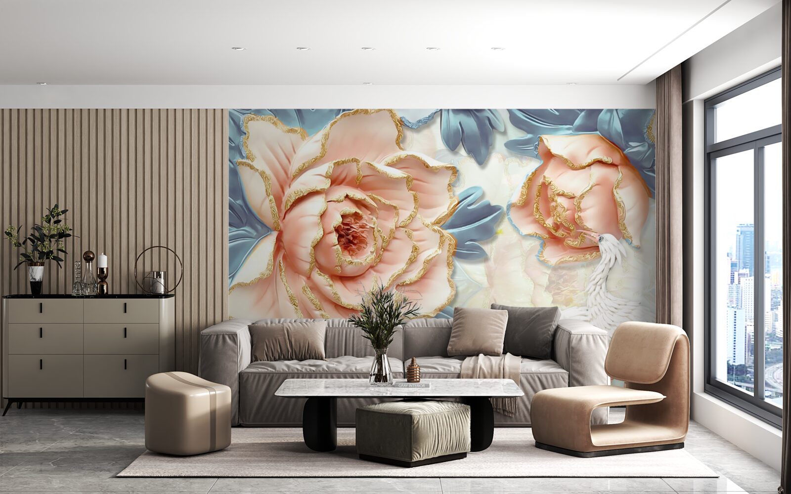 Fototapeten Pfirsichrosen und weiße Schwäne