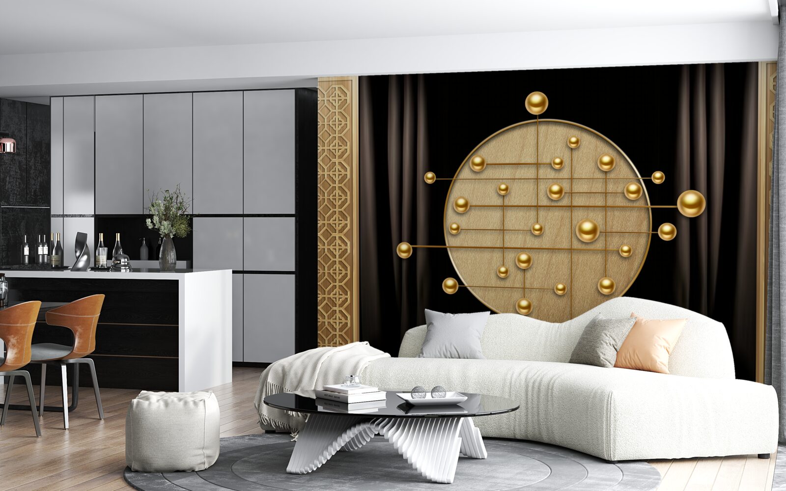 Fototapeten Der schwarze Hintergrund ist mit Orbitalgold gesättigt