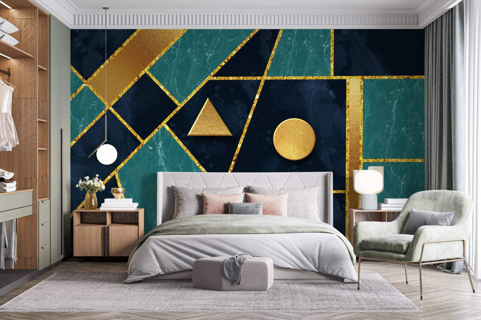 Fototapeten Mosaik in Gold- und Smaragdstufen