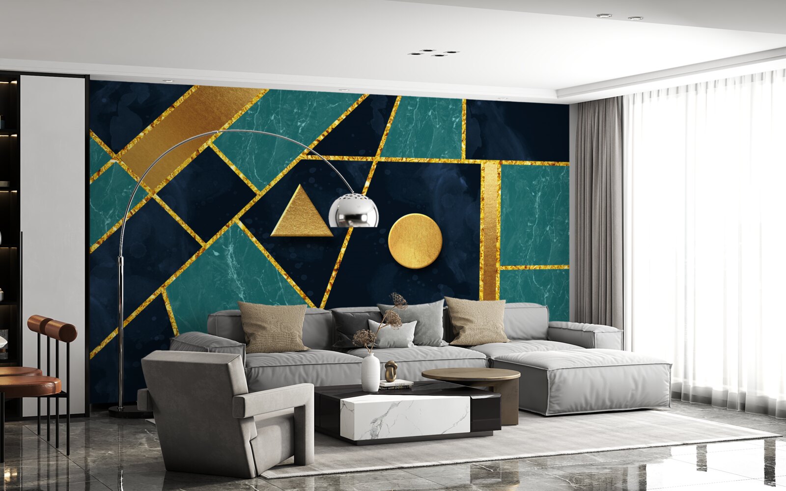 Fototapeten Mosaik in Gold- und Smaragdstufen